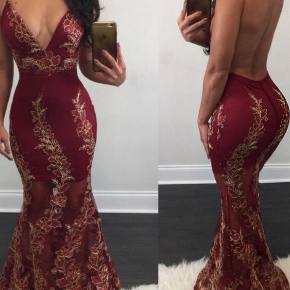 ❗️SOLD❗️ Red & Gold Open Back Mermaid Dress